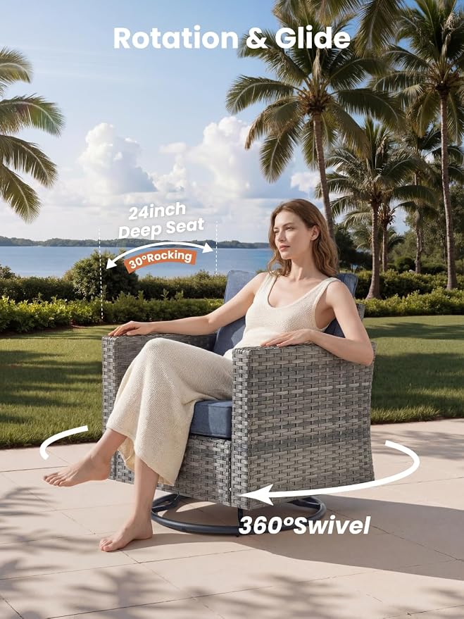 ovios 10 Piece Outdoor Patio Furniture Set with Fire Pit Table,Conversation Sectional Wicker Couch with Swivel Chairs,Modern Outside Sofa for Balcony Backyard, Beige