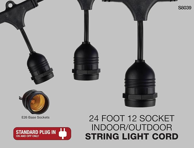 Satco S8039 Incandescent Indoor/Outdoor String Lights, Black, Bulbs Not Included, 24 Feet (Pack of 1)