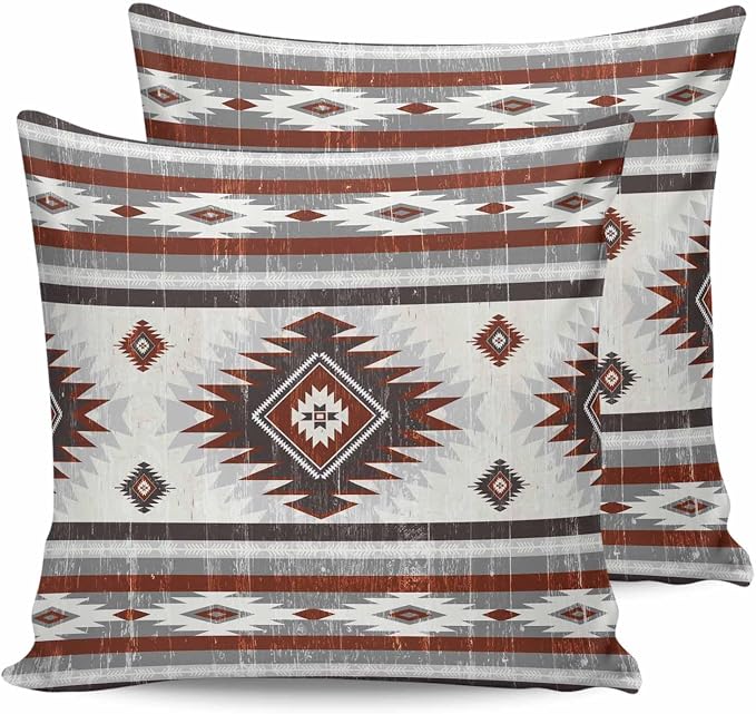 Outdoor Waterproof Throw Pillow Covers Set of 2 Red Gray Boho Aztec Pillowcases 26x26 Inches Southwest Tribal Geometric Patio Decorative Pillows Cushion Case Patio Pillows for Couch Bed Chair Garden