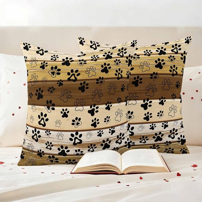 Outdoor Pillow Covers,Dog Paw Print Decorative Throw Pillow Cover Waterproof Pillowcase Set of 2,Linen Cushion Case for Sofa Couch Bed 24x24 Inch,Farm Vintage Brown Wood Board