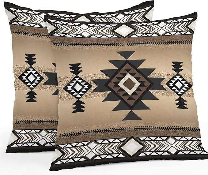 Vandarllin Outdoor Throw Pillows Covers 18x18 inch Set of 2 Waterproof Brown Tribal Style Decorative Zippered Cushion Covers for Patio Furniture, Southwest Native American Lumbar Pillowcases