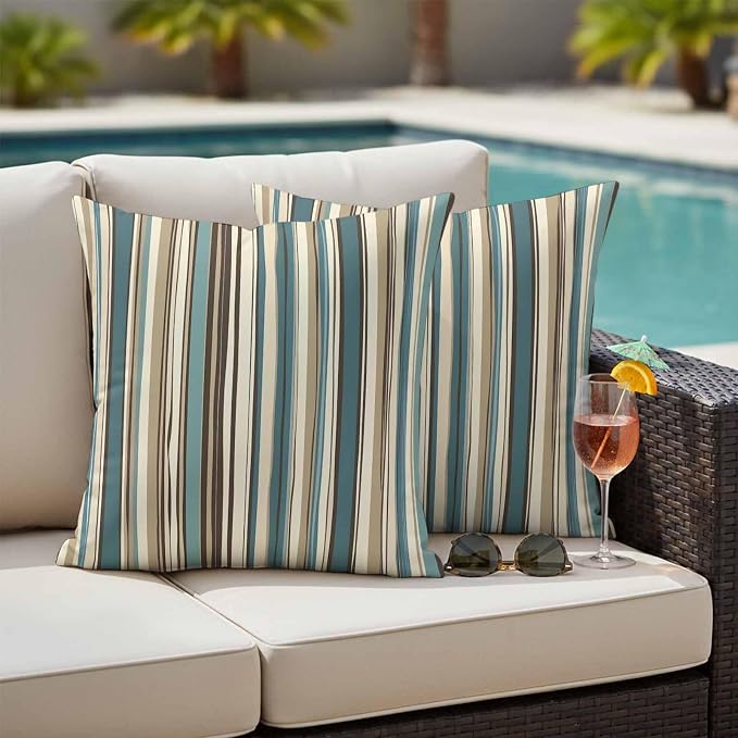 Boho Vertical Stripes Outdoor Waterproof Throw Pillow Covers Set of 2, 24"x24", Green Beige Simple Lines Decorative Pillow Covers Outside Cushion Case for Patio Porch Garden