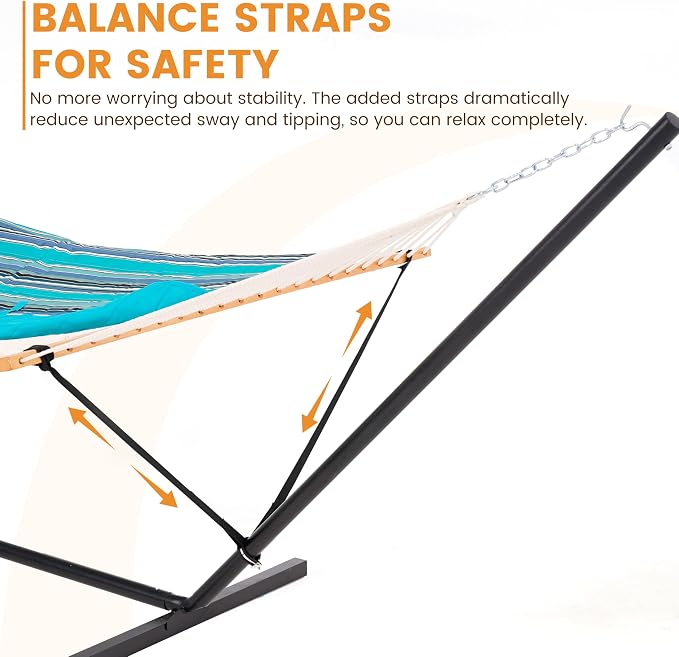 Lazy Daze Hammocks 2 Person Portable Hammock with 12FT Stand, Double Hand Woven Cotton Rope Hammock with Detachable Quilted Pad & Pillow for Outside, 450lb Capacity, Blue Stripes
