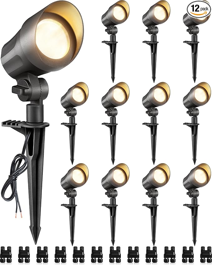 SUNVIE 6W AntiGlare Low Voltage Landscape Lights Low Voltage Lighting 12Pcs | Waterproof Landscape Spotlights with Connectors Warm White Landscaping Lights Spot Lights Outdoor for Garden Tree Wall Yard
