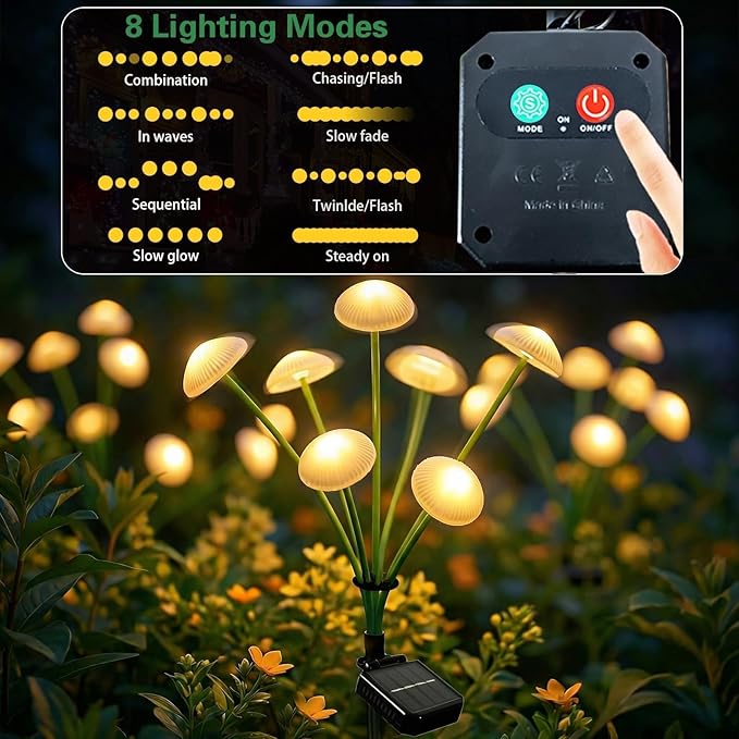 SyouHome 4 Pack Solar Garden Lights Outdoor, 8 Modes Warm White 32 LEDs Swaying Mushroom Lights for Outside Decor, Jellyfish Ambiance, IP65 Waterproof Outdoor for Garden, Pathway, Gifts for Mother