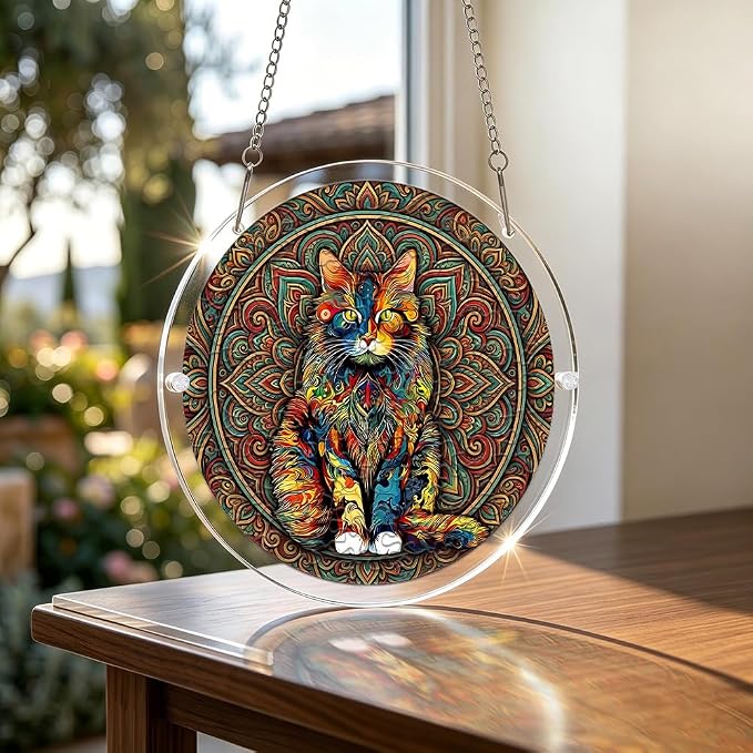 Acrylic Puzzle Suncatcher, Colorful Cat Sun Catcher Jigsaw Puzzle Window Hanging, Acrylic Puzzles Kit Home Garden Decor, Mothers Day and Birthday Gifts for Mom, Wife, Sisters, 7.87 inch