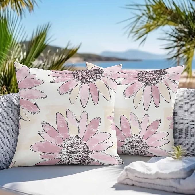 Vandarllin Outdoor Throw Pillows Covers 16x16 inch Set of 2 Waterproof Pink Sunflower Decorative Zippered Cushion Covers for Patio Furniture, Flower Field Lumbar Pillowcases