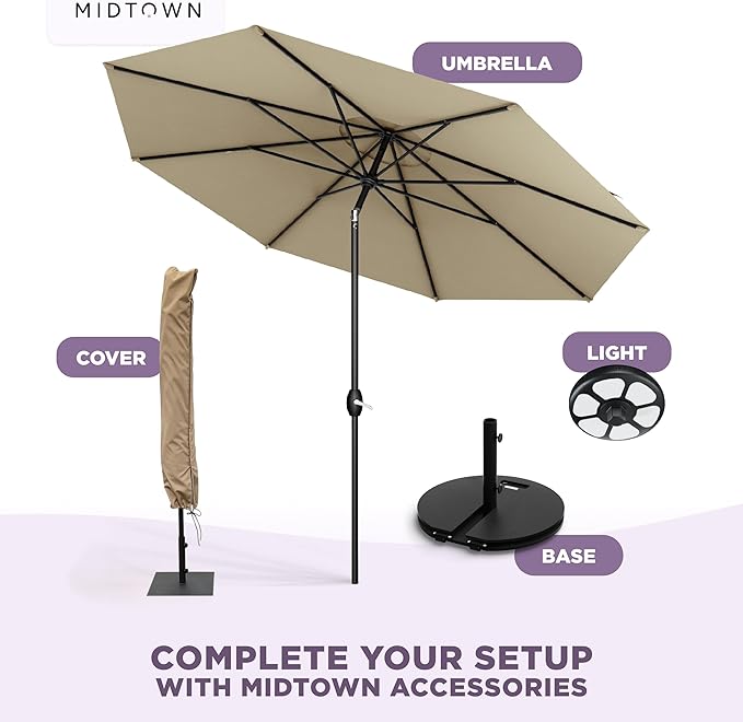 Midtown Umbrellas – The Lean 8 Ft Patio Umbrella with 10-Year-No-Fade Acrylast Acrylic Fabric, Auto-Tilt and 8 Reinforced Ribs for Deck, Pool, Garden, Hotel & Cafes – Sahara Canopy, Black Pole