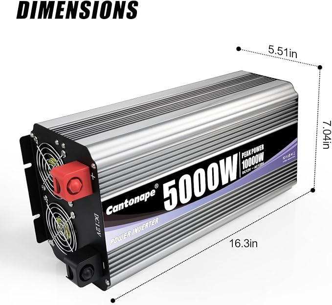 Cantonape 5000W Power Inverter 12V to 110V/120V DC to AC with LCD Display, Remote Controller and 4 x AC Outlets Car Adapter for Car Truck Boat RV Off Grid Solar System