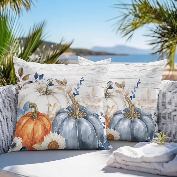 Fall Outdoor Throw Pillows Covers 18x18 inch Set of 2 Waterproof Blue White Pumpkin Zippered Cushion Covers for Patio Furniture, Autumn Eucalyptus Leaves Floral Wood Thanksgiving Lumbar Pillowcases