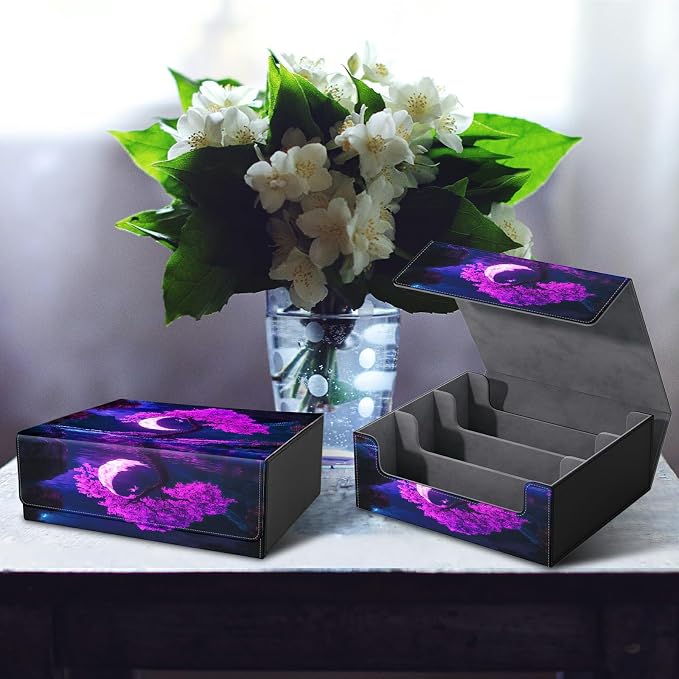 Large Card Deck Box for MTG, Fits 1200+ Sleeved Cards, PU Leather Storage Case with Strong Magnetic Closure, Multiple Colors for TCG CCG Baseball Card Collections, Purple Moon Tree