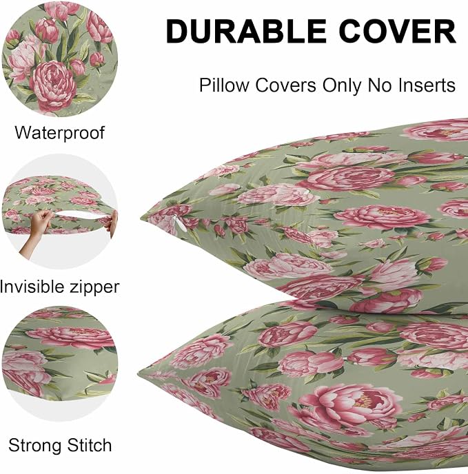Vandarllin Outdoor Throw Pillows Covers 20x12 inch Set of 2 Waterproof Pink Rose Floral Decorative Zippered Cushion Covers for Patio Furniture, Sage Green Leaves Flowers Lumbar Pillowcases