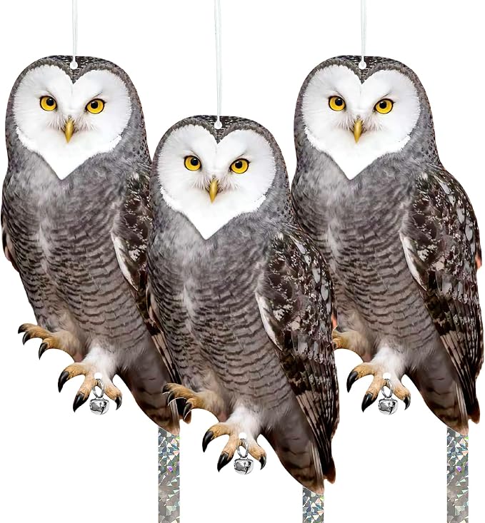 Owls to Keep Birds Away: 3Pcs Fake Owl with Reflective Tape for Orchard Garden Patio Pool, Reflective Hanging Decoration to Keep Birds Pigeon from Windows Tree Vineyard
