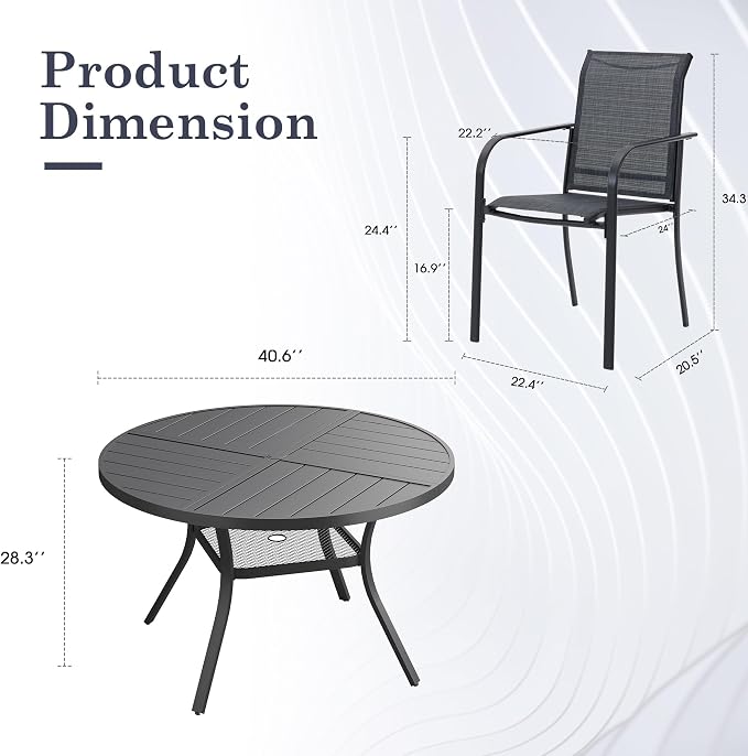 5 Pieces Outdoor Dining Set, Stackable Textilene Patio Chairs & 40.5" Round Dining Table with Umbrella Hole and Shelf, Patio Dining Set for Backyard, Deck, Garden, Grey & Black