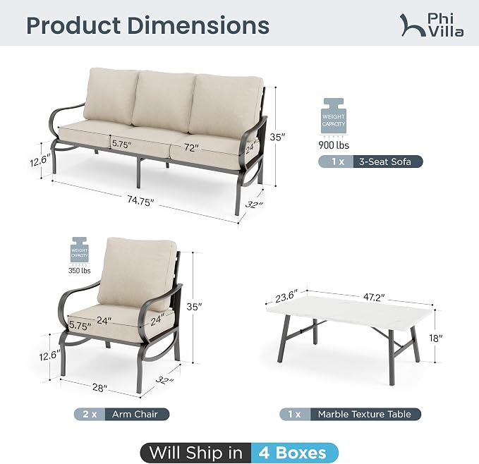 PHI VILLA 4 PCS Patio Furniture Set with 1 x 3-Seat Bench Sofa, 2 x Fixed Sofa Chair & 1 Coffee Table, All Cushioned Outdoor Conversation Set for 5