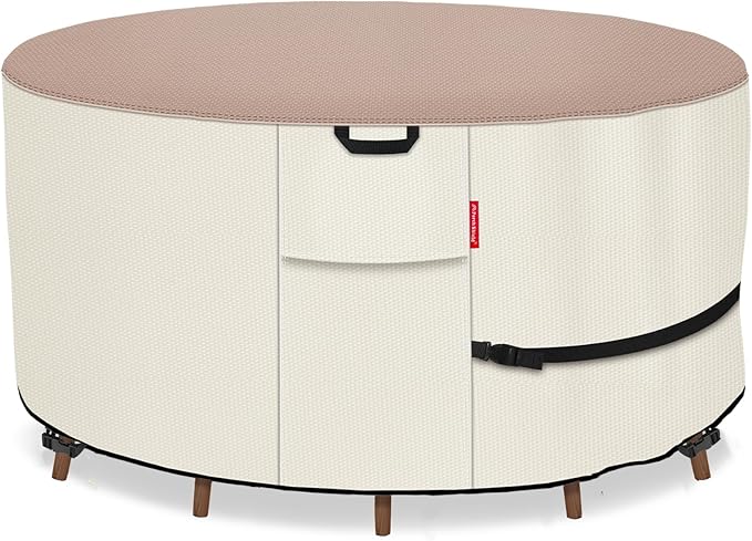 Porch Shield Round Patio Furniture Cover - Waterproof 600D Heavy Duty Outdoor Table and Chairs Cover 96 inch, Light Tan & Khaki