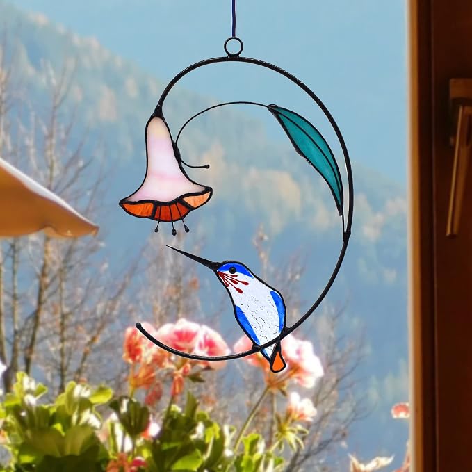 Lolitarcrafts Hummingbird with Flower Stained Glass Suncatcher Bird Stained Glass Window Hangings Hummingbird Gift for Home Decor (Blue)