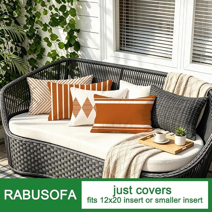 Outdoor Pillows Covers 12x20 Waterproof,Orange and Beige Set of 4(No Insert | for Covered Patio Furniture,No Insert Just Covers,Fit 12x20 inch Inserts or Smaller,Durable Polyester,Boho Lumbar