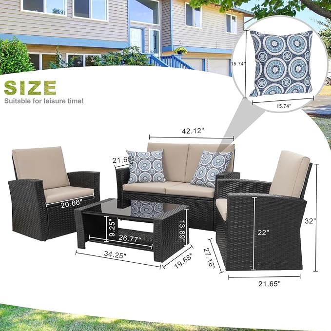 Shintenchi 4 Piece Patio Furniture Set, Outdoor Rattan Conversation Set with Coffee Table, Outside Wicker Sectional Sofa Couch with Cushion, Black