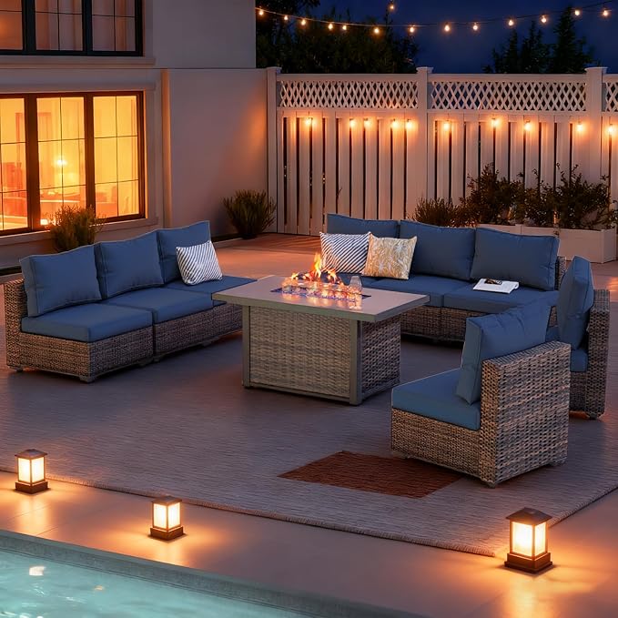 9 Piece Patio Furniture Set with 42" Fire Pit Table, Outdoor Wicker Rattan Sectional Sofa Set, Patio Conversation Set with Thickened Cushions, Blue