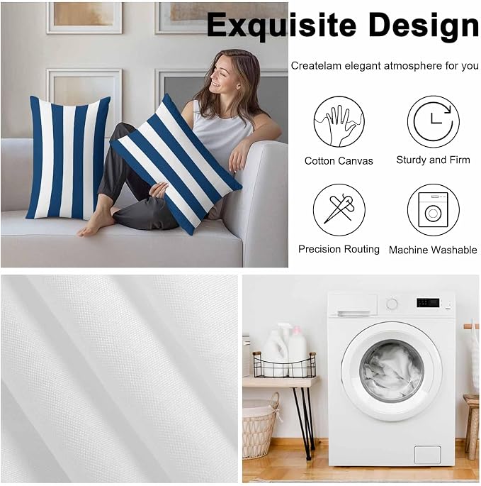 Outdoor Waterproof Throw Pillow Covers Set of 2 Navy Blue White Stripe Lumbar Pillowcases 20x12 Inches Simple Style Striped Decorative Pillows Cushion Case Patio Pillows for Couch Bed Chair Garden