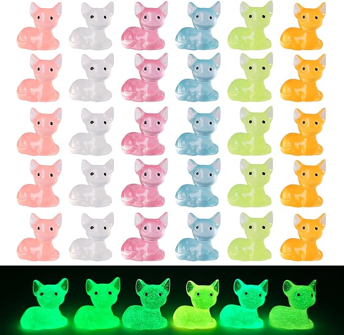 60 pcs Mini Resin Fox Many Styles Variety Tiny Luminous Animals Figures Miniature Little Small Animal Figurines Bulk for Micro Fairy Garden Landscape Accessories Hide Crafts Decor Aquarium