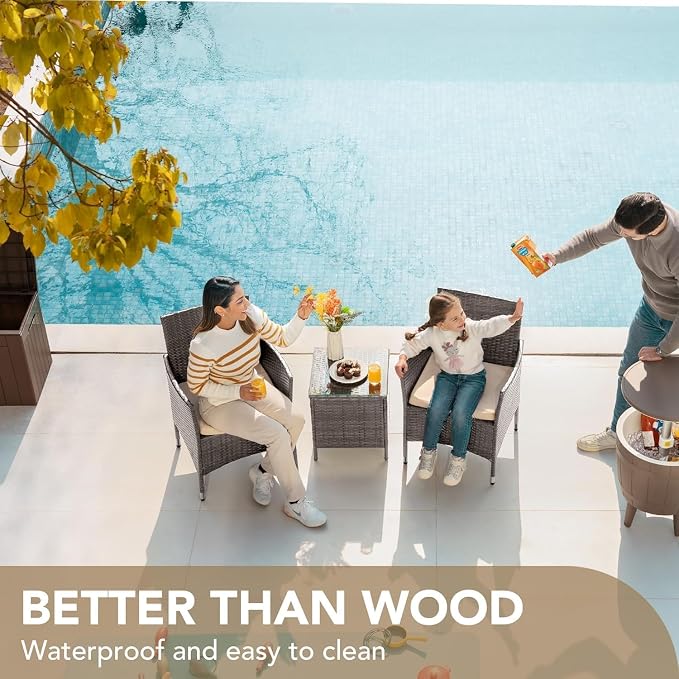 Garvee Patio Conversation Set 3 Piece, Brown Wicker Rattan Outdoor Furniture Set with Cushioned Chairs and Glass Top Coffee Table for Small Patio, Porch, Balcony, Backyard