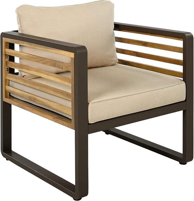 Merax 4-Piece Large Size Outdoor Conversation Sofa Set, Metal and Acacia Wood Frame Sofa with Removable Cushions, Waterproof & UV-Resistant, 5-Person Patio Furniture for Garden Backyard, Brown