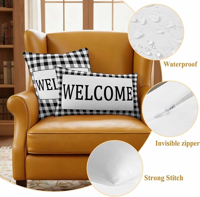Welcome Black Outdoor Pillow Covers Set of 2 White Buffalo Check Plaid Waterproof Throw Pillow Cover Decorative Cushion Cases for Patio Porch Garden 20X12 Inch