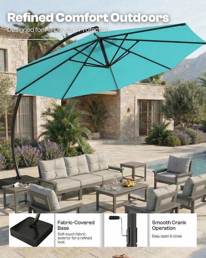 11 FT Cantilever Umbrella with Base Included, Large Round 360° Rotation Offset Umbrella Outdoor Patio, Heavy Duty Aluminum Frame, Sand-Weighted Stand, for Deck, Backyard, Pool, Garden (Teal)