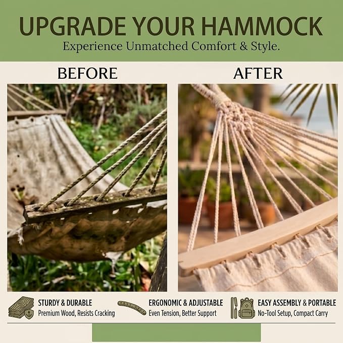 2 PCS Detachable Hammock Spreader Bars, Durable Wooden Crossbars for Hanging Hammocks, Sturdy and Lightweight Replacement Accessories Bars for Patio, Camping, Backyard and Porch