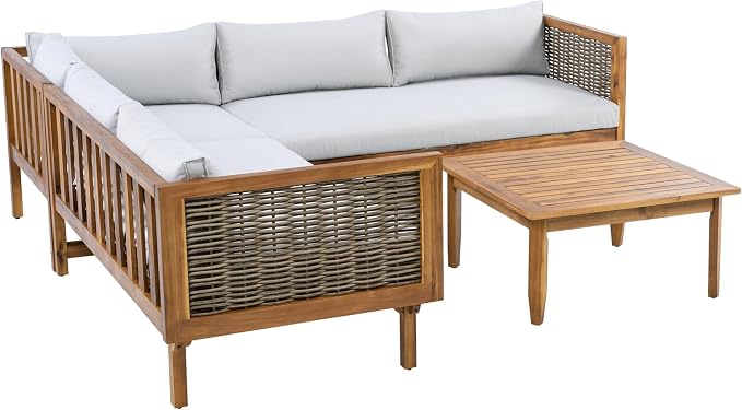 LUMISOL 4-Piece Outdoor Acacia Wood Sofa Set with Water Resistant Cushions, All Weather Patio Conversation Set with Coffee Table for Garden, Backyard, Poolside, Teak+Light Grey