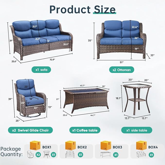 Outdoor Swivel Rocker Patio Chairs Set of 9 with 5" Thick Cushions,9 Piece Furniture Set with Fire Pit Table All Weather Wicker Conversation Set for Porch Deck - Grey Wicker | Blue Cushions