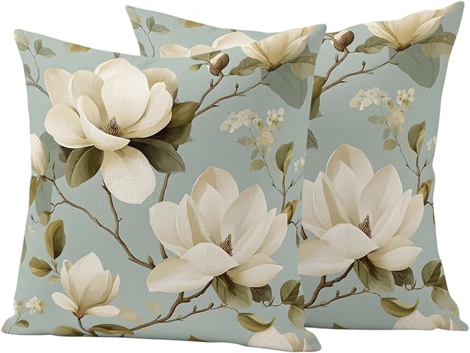 Vintage Floral Outdoor Pillow Covers 18"x18" Set of 2, Magnolia Flowers Branches Rustic Botanical Teal Waterproof Throw Pillow Covers for Patio Furniture, Decorative Cushion Covers for Porch