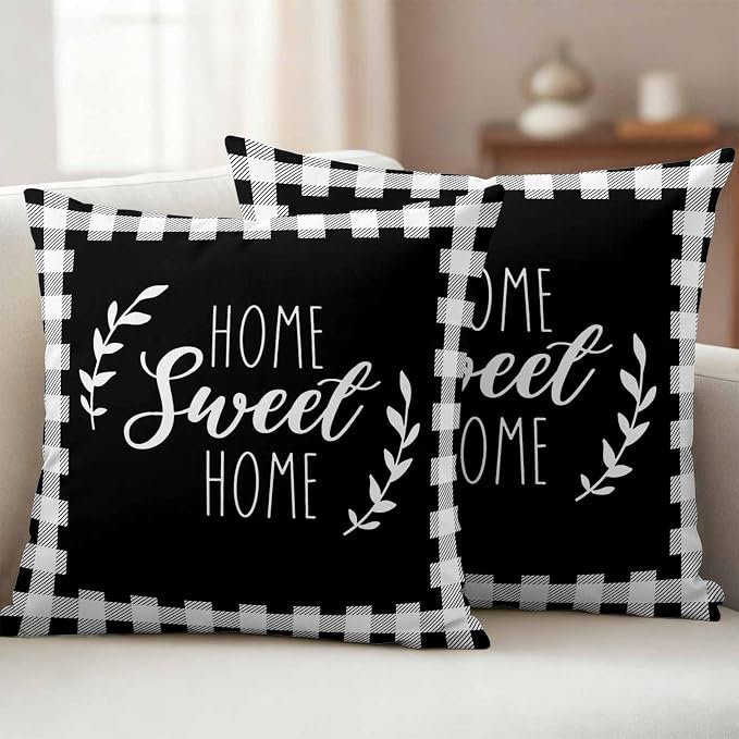 Home Sweet Home Waterproof Outdoor Pillow Covers Set of 2 Home Decor, Leaves Black Buffalo Plaid Pillowcase Patio Pillow Covers for Couch Bench Patio Furniture Garden 18x18in