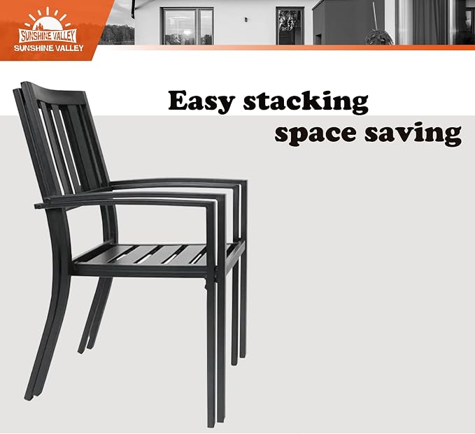 SUNSHINE VALLEY 7 Piece Patio Dining Set for 6, 67x38 Wood-Like Metal Table with Umbrella Hole and 6 Pcs Rust-Proof Stackable Chairs, Outdoor Table and Chairs Set for Backyard Garden Deck (Style 1)
