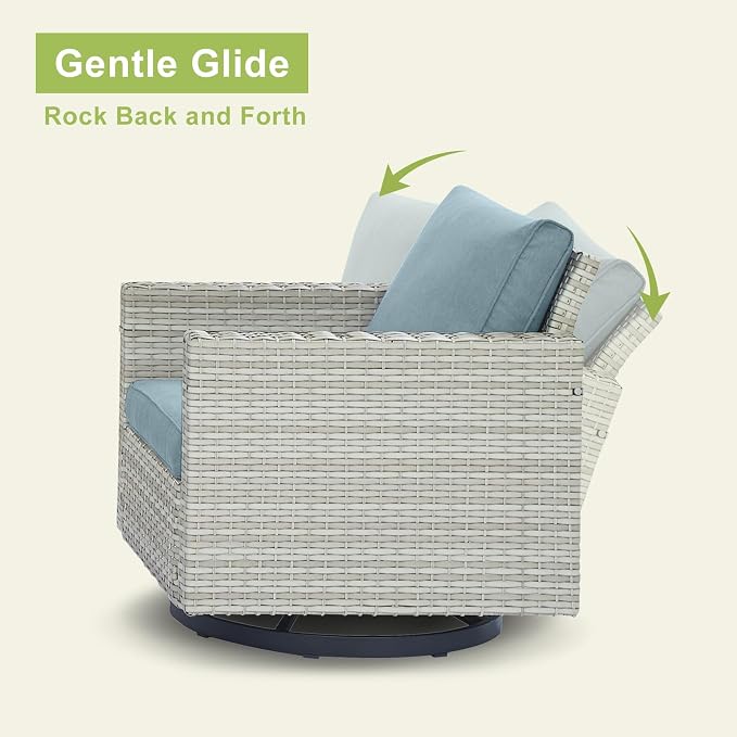 Wicker Outdoor Patio Furniture Set - 5 Piece Patio Conversation Set with 2 Swivel Rocker Chairs,2 Rattan Ottoman and 1 Metal Side Table for Outside Porch Deck Backyard Garden(Light Grey/Sky Blue)