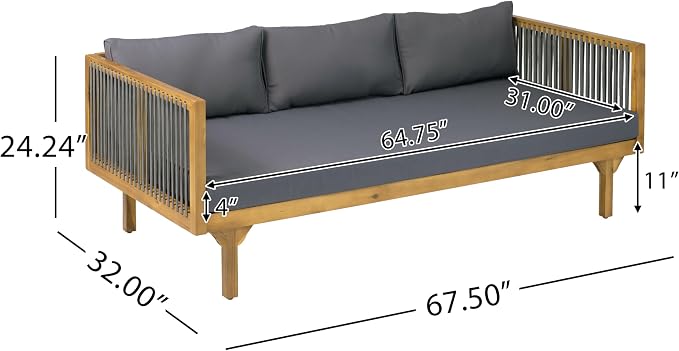 Christopher Knight Home Clarie Patio Sofa and Coffee Table Set, 2 Piece Outdoor Patio Furniture Set with Cushion, Acacia Wood 3 Seater Outdoor Sofa Daybed and Coffee Table Set, Dark Gray+Teak