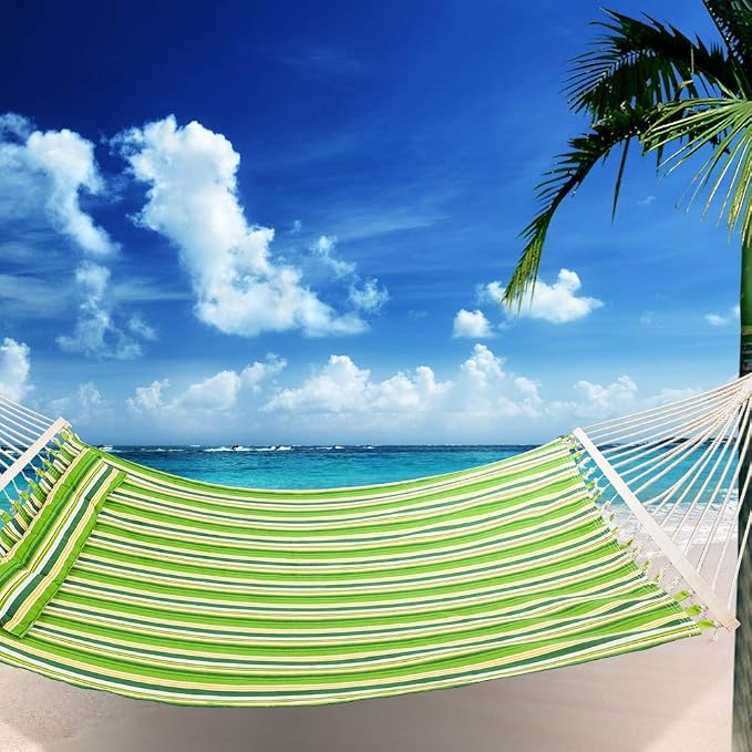 HomVent 2 Person Hammock Swing, Portable Double Hammock Bed Camping Hammock with Wooden Poles for Outdoor Patio Backyard Poolside (Green Stripe)