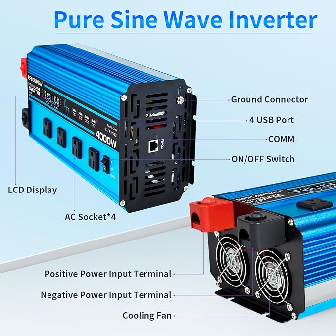 4000w Pure sine Wave Inverter DC 12V to AC 110V/120V Converter, 8000w (Peak) with LCD Display, Wireless/Wired Remote Control, 4AC outlets and 4USB.Ideal for Camping, RV Travel, Off-Grid Solar Systems