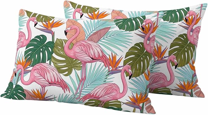 Pink Flamingos Outdoor Pillow Covers 20"x12" Set of 2, Watercolor Monstera Leaf Green Tropical Plant Waterproof Throw Pillow Covers for Patio Furniture, Decorative Cushion Covers for Porch