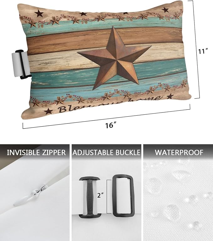Western Texas Star Retro Outdoor Pillows for Chaise Lounge Chair Lumbar Pillows with Insert&Adjustable Strap Beach Headrest Pillow Country Farmhouse Teal Brown Wood Grain Neck Pillow for Pool 11"x16"