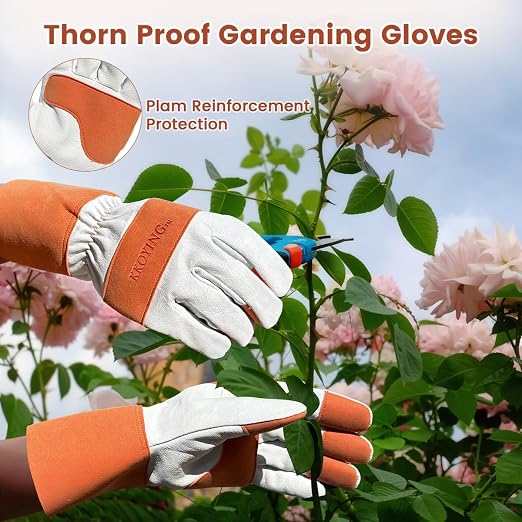 Gardening Gloves, Long Thorn Proof Garden Gloves for Women and Men, Goatskin Breathable Leather Work Gloves for Gardening, Pruning, Yard Work, Brown, L