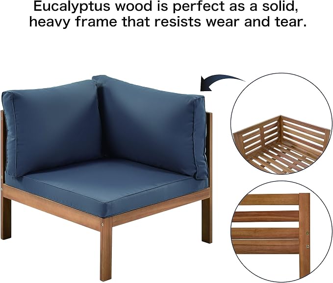4 Piece Outdoor Patio Sectional Sofa w/Comfort Seat Cushions, All Weather Acacia Wood Patio Sectional Conversation Seat with Plus Coffee Table and Strong Metal Accessories, Water-resistant (Grey+AC)