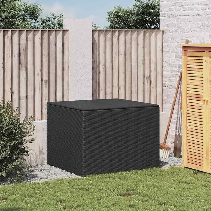 Modern Outdoor Garden Storage Box, 291 Liter Black Poly Rattan Medium Storage with Powder-Coated Steel Frame for Cushions and Tools