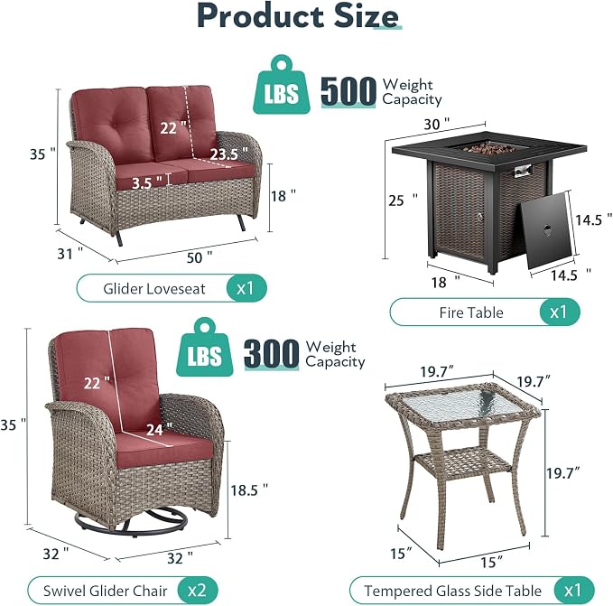 5 Piece Patio Furniture Set with Fire Pit Table - Wicker Patio Conversation Set with Swivel Glider, Glider Loveseat, Tempered Glass Side Table for Deck Backyard - Grey Wicker Red Cushion
