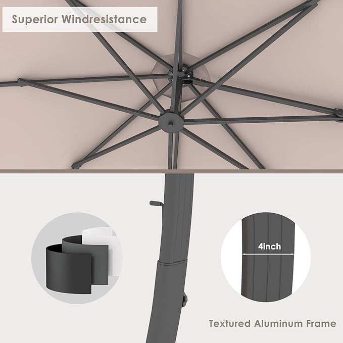 ENSTVER 11FT Solar Powered LED Light Cantilever Patio Umbrella With Base Included, Round Large Aluminum Outdoor Cantilever, Heavy Duty Offset Umbrella with 360°Rotation for Pool, Deck, Backyard
