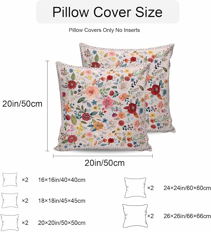Vandarllin Outdoor Throw Pillows Covers 20x20 inch Set of 2 Waterproof Pink Floral Decorative Zippered Cushion Covers for Patio Furniture, Farmhouse Vintage Flower Lumbar Pillowcases