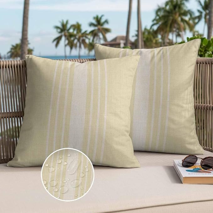 Throw Pillow Covers 16x16 Inch Set of 2, Cream Beige Striped Waterproof Outdoor Cushion Covers, Modern Farmhouse Retro Lines Decorative Pillowcases for Couch, Sofa, Bed, Garden, Patio