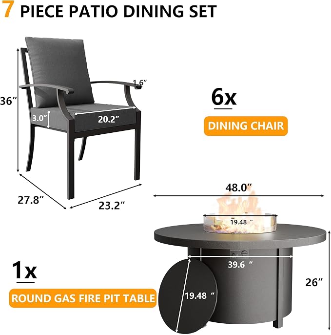 Kullavik 7 Piece Metal Outdoor Patio Furniture Set with Fire Pit Table,Outdoor Dining Table Set with 6 Fixed Chairs and 55000 BTU Outdoor Round Fire Pit,Grey